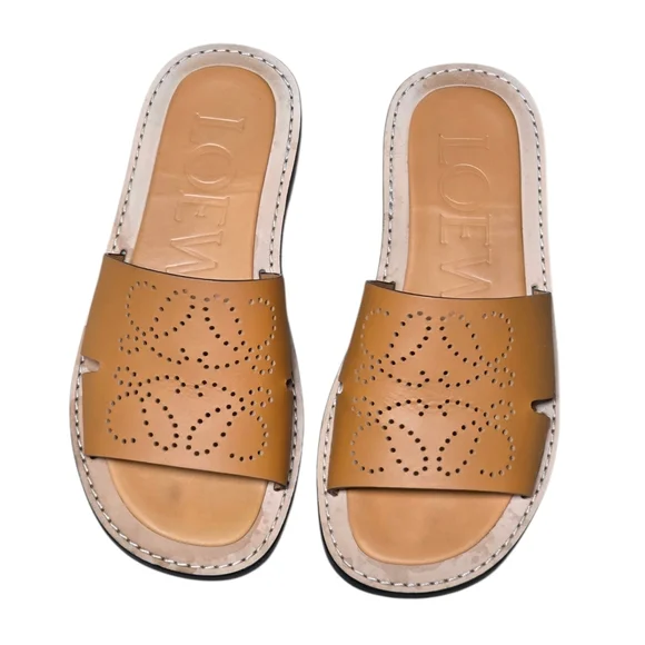 LOEWE Anagram Perforated Leather Slides Sandals Caramel - Size 10